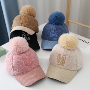 Kids Winter Baseball Cap Teddy Fleece Warm Hat With Faux Fur Pom Pom Corduroy Brim Letter M Baby Embroidery For Toddlers