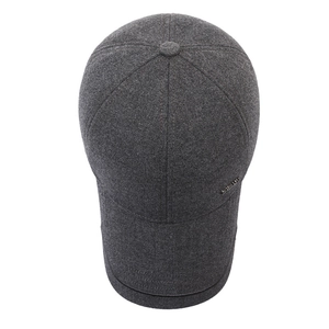 Men's winter baseball cap in dark gray wool fabric with warm fleece lining and ear protection