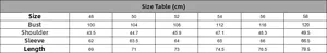 Detailed size chart for men's wool blend coat including bust and shoulder measurements