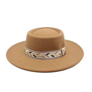 Classic khaki wide brim wool felt fedora with ethnic geometric woven decorative band