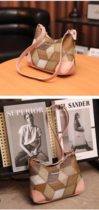 Detail of a geometric patchwork shoulder bag featuring brown, beige, and pink faux leather