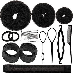 Flat lay of professional hair styling tools including pull hair pin, comb, and mesh buns