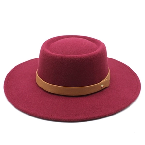 Burgundy wool felt wide brim boater hat with camel leather band and gold buckle detail