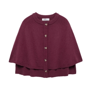 Front view of wine red knit cape cardigan with round neck and single-breasted buttons