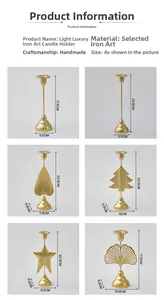 Detailed view of handcrafted gold iron candle holders in leaf, star, and heart shapes