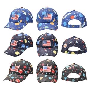 Space themed kids baseball caps with planet prints and flag embroidery in three colors