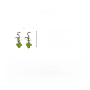 Detail showing green glass grape flower drop earrings with dimensions of 4.5cm by 1.7cm