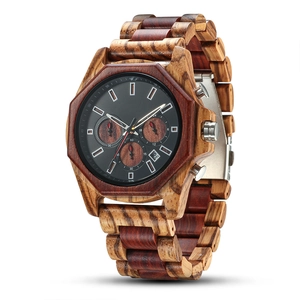 Detail of multi-functional wooden quartz watch with brown sandalwood texture and calendar dial
