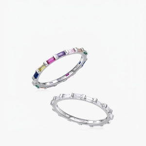 Anello Eternity Arcobaleno Argento Sterling 925 Taglio Baguette Zircone Colorato Fascia Sovrapponibile Geometrica Per Donne