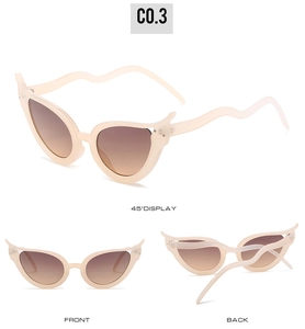 Multiple views of cat eye sunglasses with snake-shaped wavy temples and gradient lenses