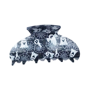 Creative Halloween acrylic hair claw with dark blue ghost and spider web glitter patterns