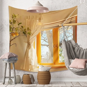 Detail of bohemian tapestry featuring a sunny lemon tree and white curtains by a window