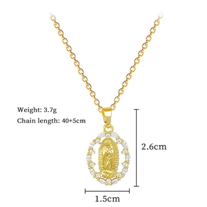 Detailed view of Virgin Mary oval pendant necklace with dimensions and 3.7g weight info