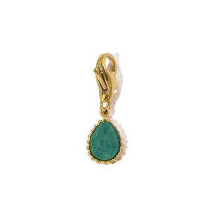Detail of teardrop green stone pendant with golden stainless steel lobster clasp