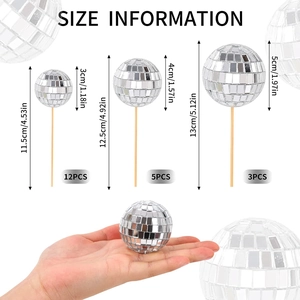 Size information for silver mirror disco ball cake toppers in three various dimensions