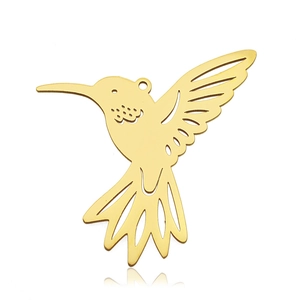 Detailed close-up of a golden stainless steel hummingbird charm with hollow-out design