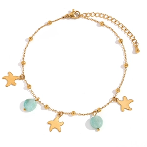 Cavigliera bohémien in acciaio placcato oro 18K con stella marina e perle di amazzonite