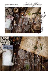 Flat lay of vintage PET bottle stickers with pressed dried flowers for scrapbooking