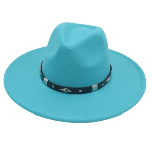 Detailed view of the diamond metal hardware on the leather band of the teal fedora hat