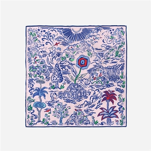 Detail of pink silk square scarf featuring artistic island and floral illustrations