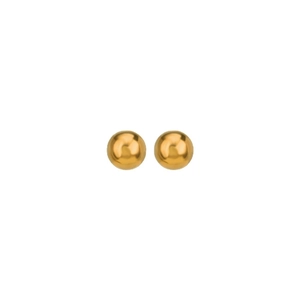 Pair of minimalist golden ball stud earrings in stainless steel on white background