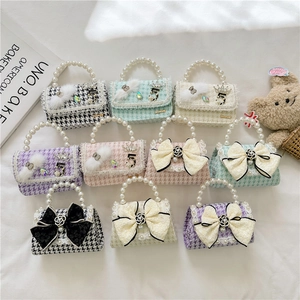 Girls Tweed Mini Shoulder Bag With Artificial Pearl Handle Cute Bow Camellia Pattern Fashion Crossbody Handbag For Kids