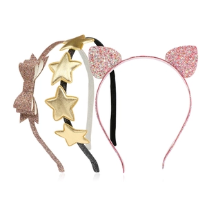 Three sequin cat ears and star headbands for girls in pink, rose gold and black colors