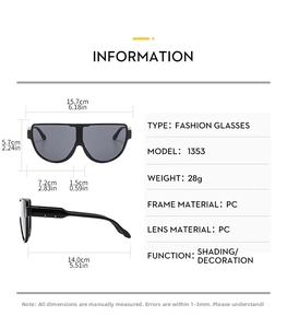 Detailed sizing chart for oversized black fashion sunglasses with 15.7cm total frame width
