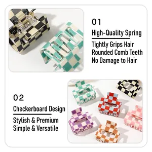 5cm minimalist checkerboard hair claw clip with high-elastic spring and rounded teeth