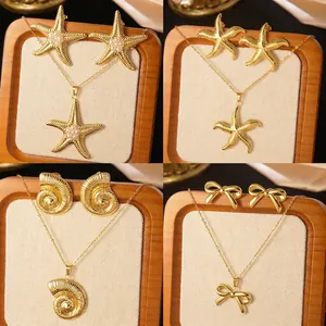 Stainless Steel Artificial Pearl Starfish Conch Bow Necklace Earrings Marine Style Vacation Jewelry For Women
