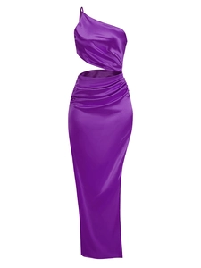 Detail of purple satin dress featuring one-shoulder neckline and side cutout waist design