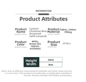 Detailed size and material chart for plush Christmas bear tree ornaments