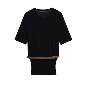 Women's black V-neck short sleeve knit cardigan with a slim tan leather belt