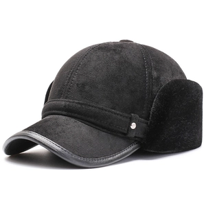 Men's winter faux suede trapper hat with warm earflaps and soft black faux fur lining