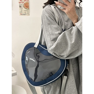 Blue heart-shaped canvas messenger bag with a transparent PVC window for JK style