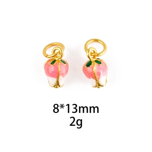Pink enamel strawberry charm pendant in gold alloy for jewelry making 8x13mm 2g