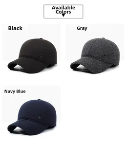 Detailed close-up of thickened wool baseball caps in black, grey and navy blue colors