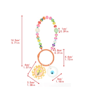 Detailed dimensions of the colorful beaded keychain with tulip and evil eye charms