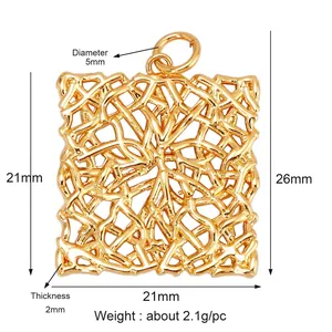 Golden hollow square pendant with intricate lace-like texture and measuring dimensions
