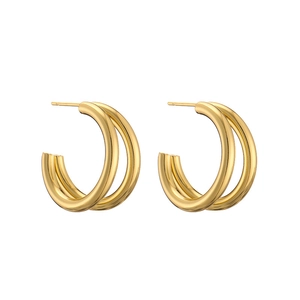 Macro view of high-polished 18K gold-plated double-loop C-shape earrings
