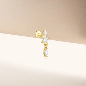 Detail of S925 sterling silver lotus stud earring with sparkling marquise zirconias