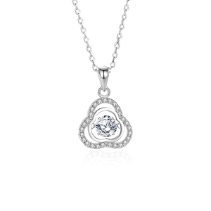Sparkling S925 silver clover necklace with a dancing central zircon on white background