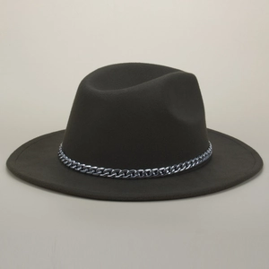 Detail of silver chain trim on dark olive green wool fedora hat with flat wide brim