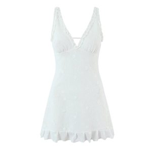 White sleeveless lace-trimmed V-neck summer dress with delicate hollow out jacquard and ruffles