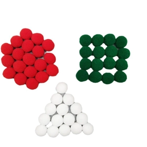 Red green and white fluffy pom poms arranged in geometric shapes for DIY Christmas decor