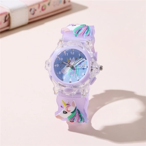 Close-up of kids purple silicone watch with colorful unicorn pattern and clear dial numbers