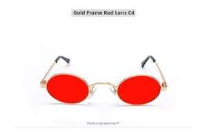 Front view of retro oval sunglasses with gold metal frame and red lenses model C4