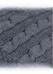 Macro detail of grey cable knit winter hat showing thick fleece lining and wool texture