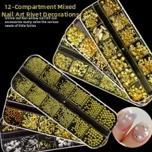 Macro detail of 12-grid nail art kit with gold and silver metal rivets and stars