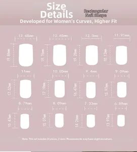 Size chart detail for 24pcs classic French square shape press-on nails with measurements